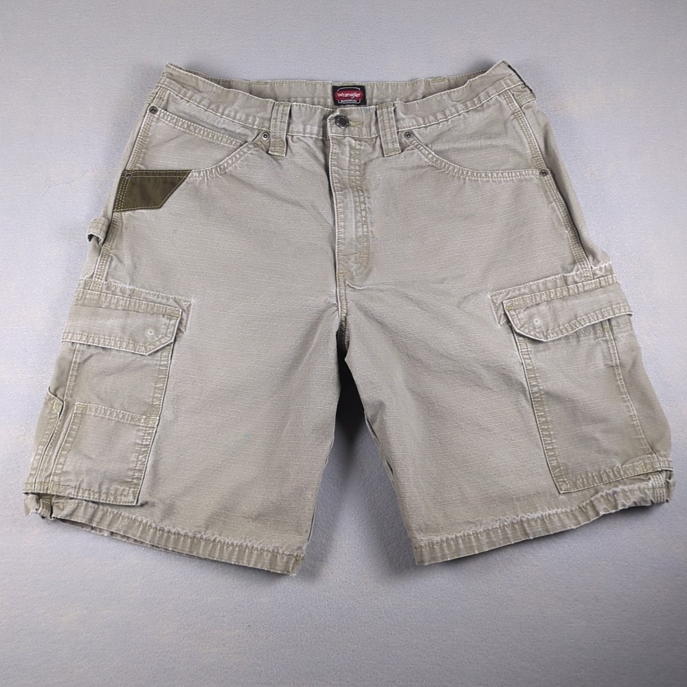 Wrangler Workwear Cargo Shorts Mens 36 Beige Tan 10" Inseam Utility Snap Pockets